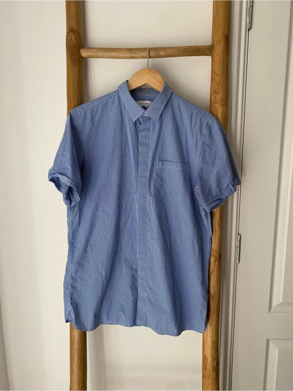 Calvin Klein Shirt Micro Check Gingham Short Sleeve Button Down Blue White Sz M